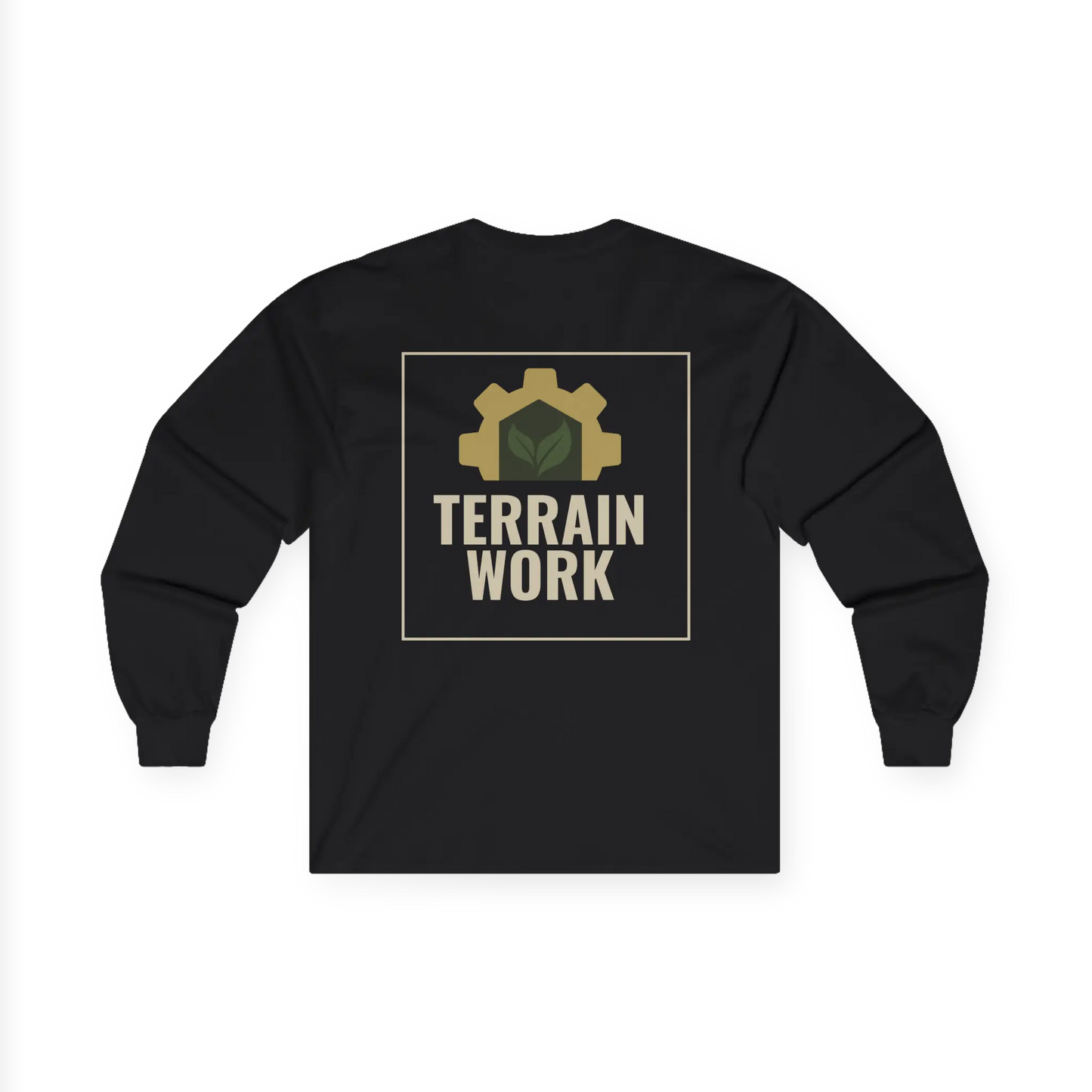 TERRAINWORK long sleeve work shirt in black, back view – bold logo placement for team visibility