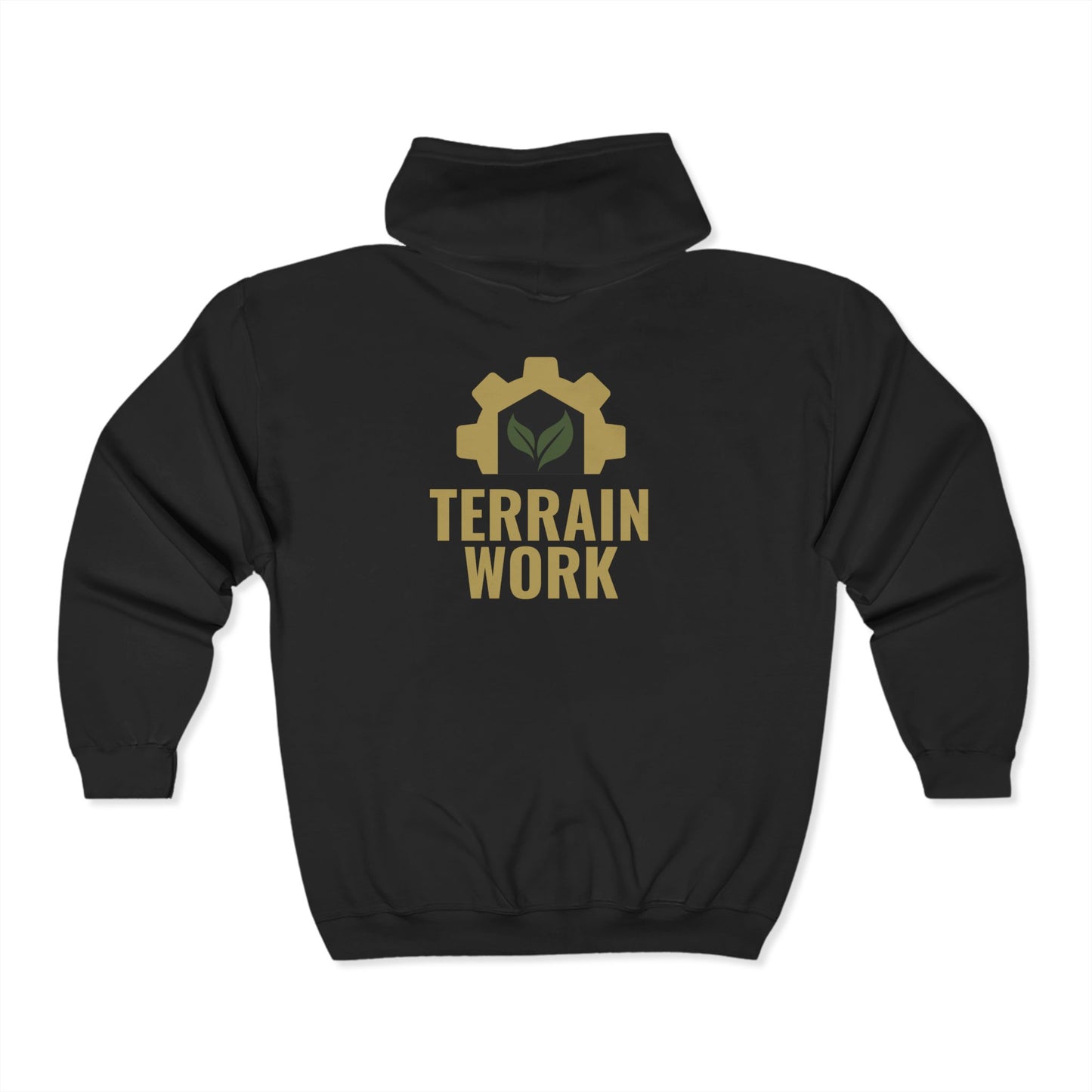Black unisex full zip hoodie with small TERRAINWORK gear logo on the chest – durable workwear for landscaping and lawncare crews.