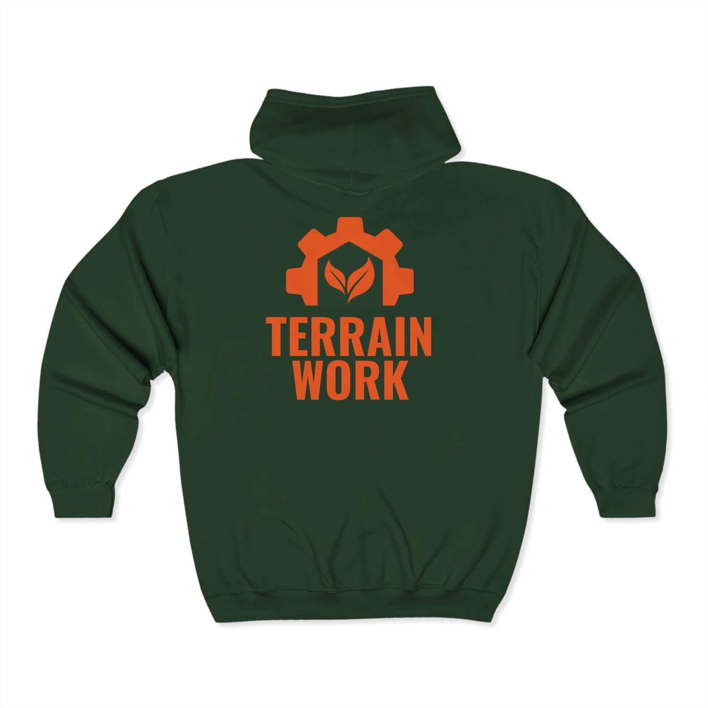 Forest green zip hoodie with square TERRAINWORK logo on the front and back – built for crew comfort and visibility on job sites.