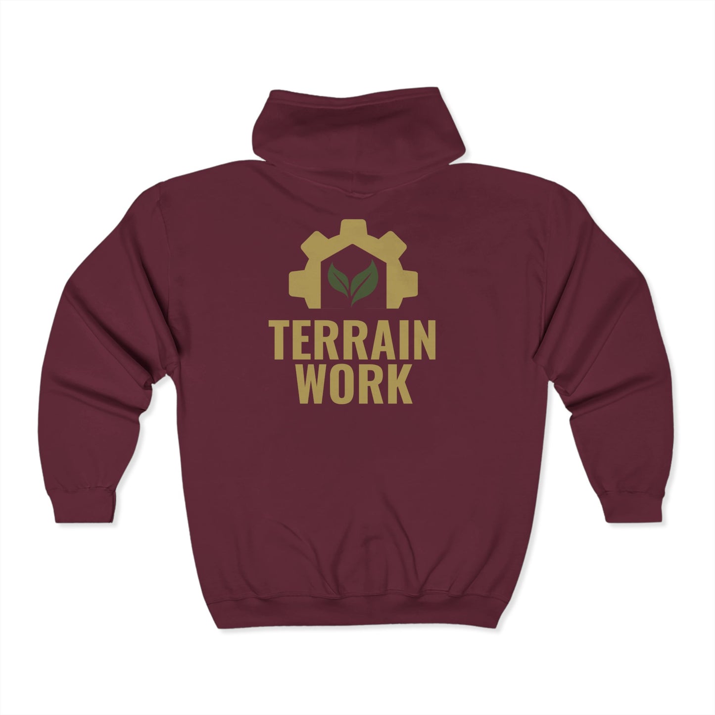 Maroon unisex zip hoodie showing large back logo of TERRAINWORK with bold gear symbol – dependable and customizable for work teams.