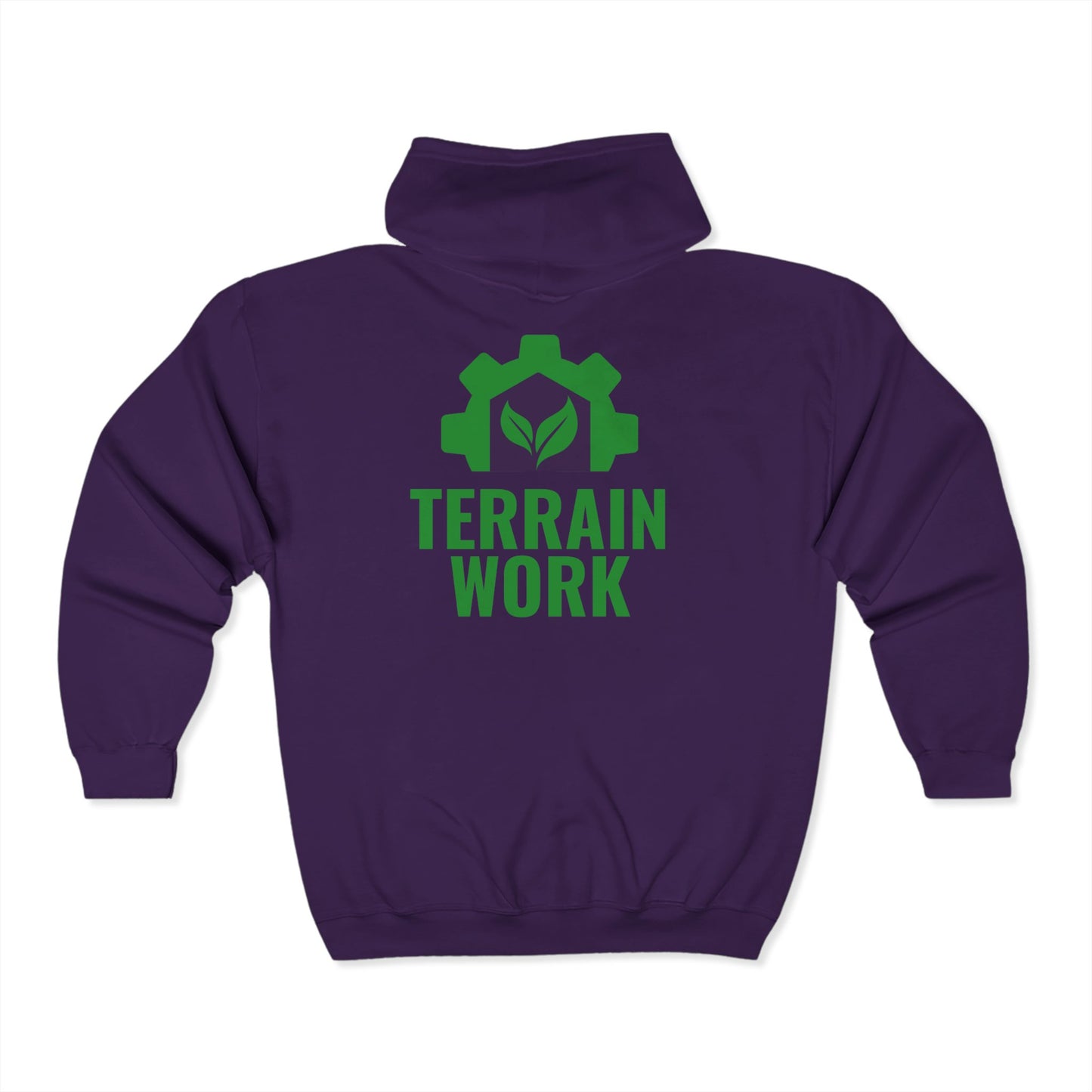 Purple unisex zip hoodie showing large back logo of TERRAINWORK with bold gear symbol – dependable and customizable for work teams.