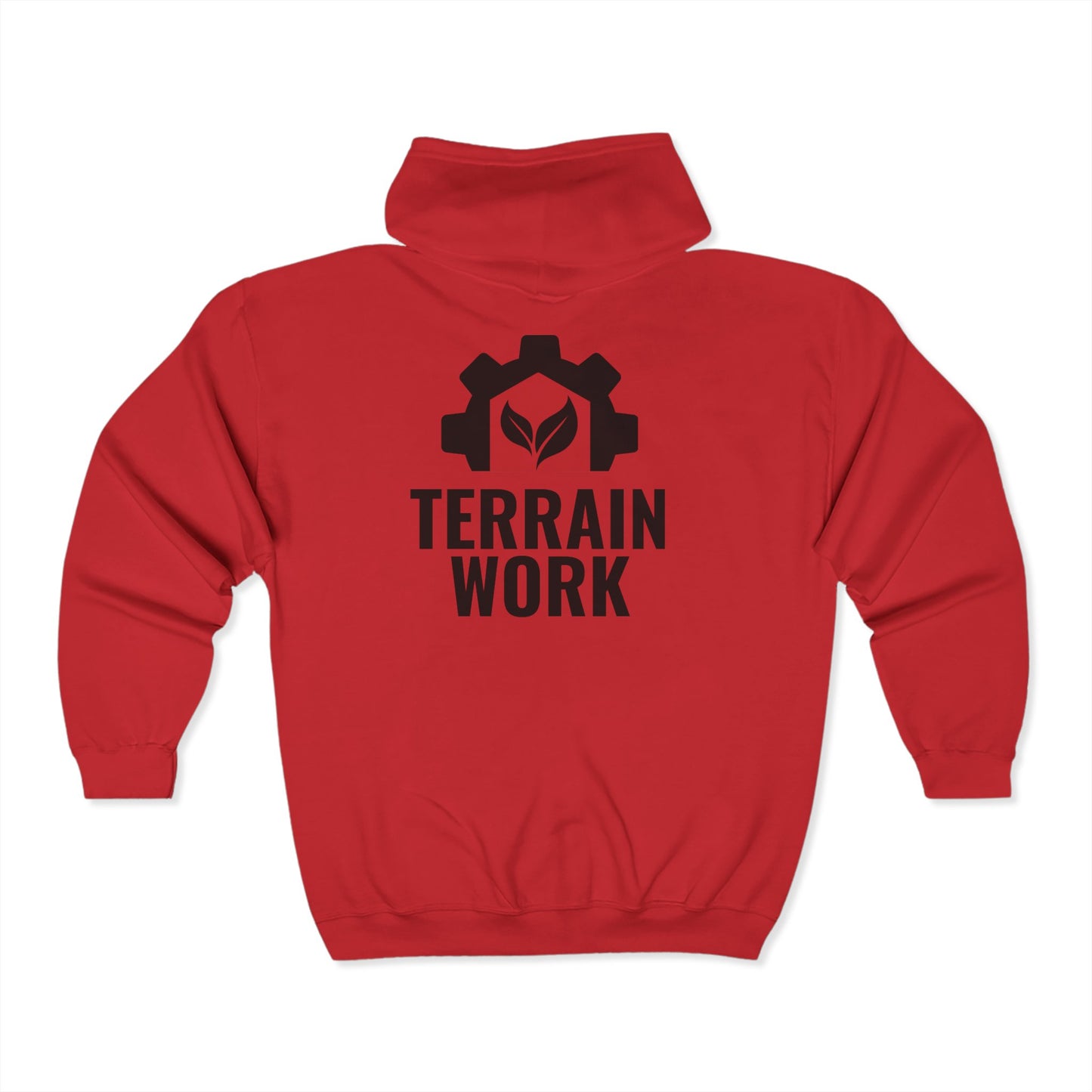Red unisex full zip hoodie featuring large TERRAINWORK logo with gear and slogan 'Serious Gear for Real Work' on the back – perfect for outdoor workers.