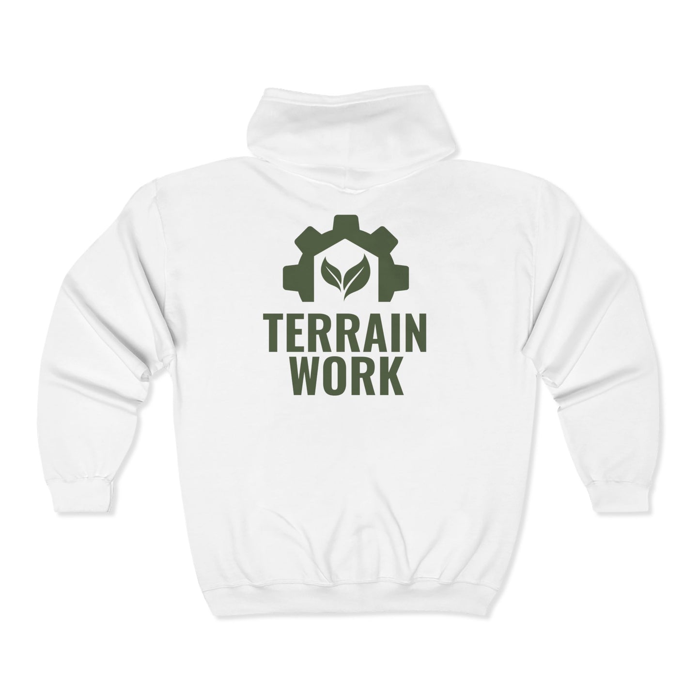 White unisex full zip hoodie with TERRAINWORK gear logo on the chest and back durable workwear for landscaping and lawncare crews.