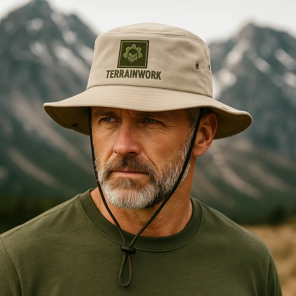 Close-up front view of man wearing fossil Columbia Booney hat with embroidered TERRAINWORK logo.
