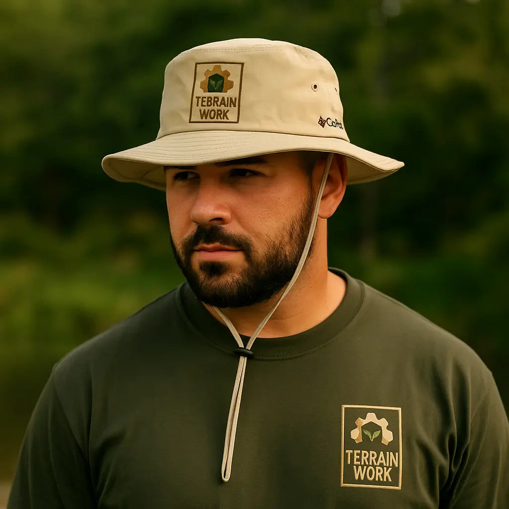 Light-skinned man with sunglasses wearing a fossil-colored Columbia Booney hat and performing outdoor maintenance.