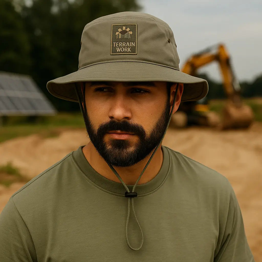 Bearded man wearing a sage  Columbia Booney hat standing near construction site under bright daylight.