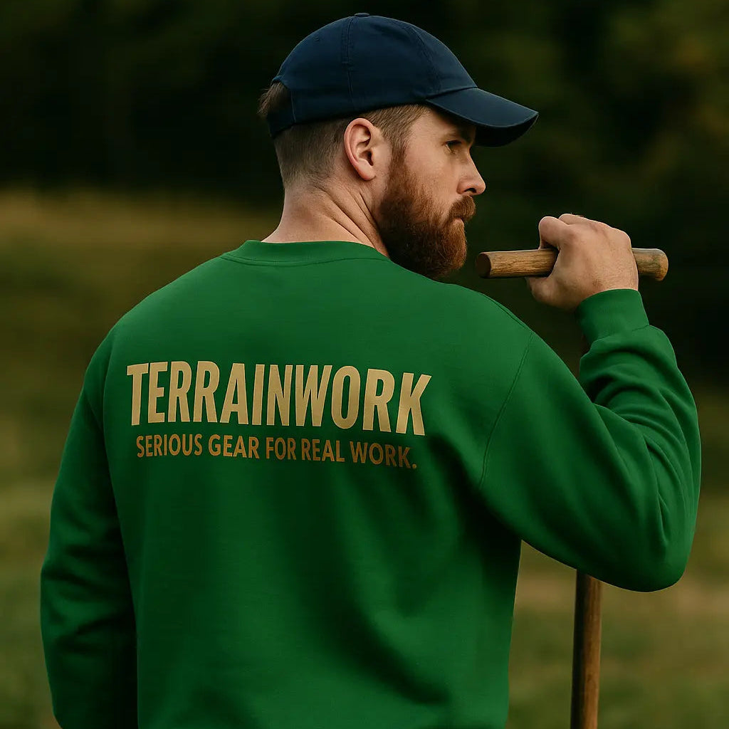 Back view of greencrewneck sweatshirt with large centered TerrainWork logo in beige