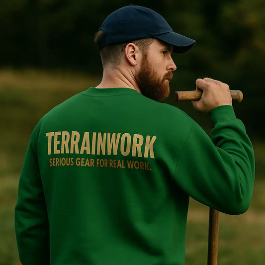 Back view of greencrewneck sweatshirt with large centered TerrainWork logo in beige