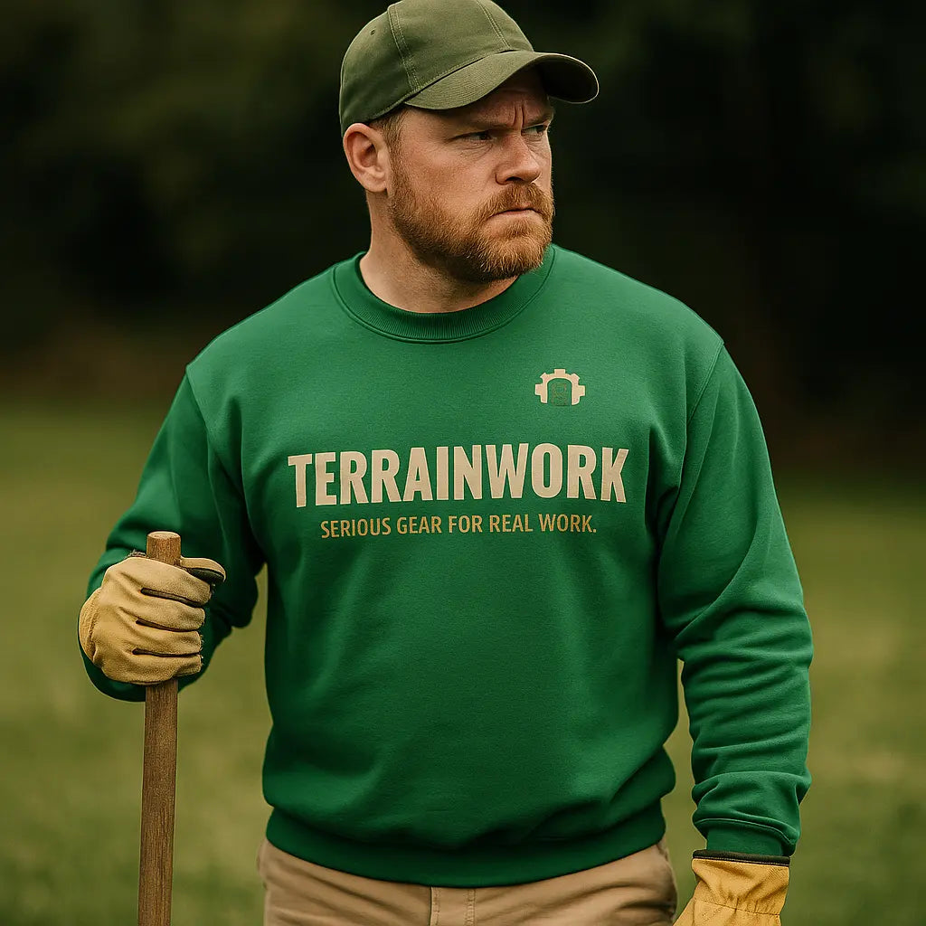 Forest green crewneck sweatshirt with TerrainWork logo on chest, worn by landscaper	