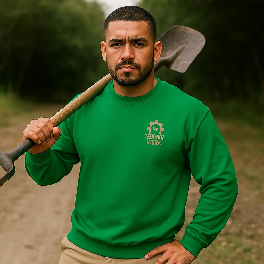 Irish green crewneck with square TerrainWork logo on chest, worn by Hispanic worker