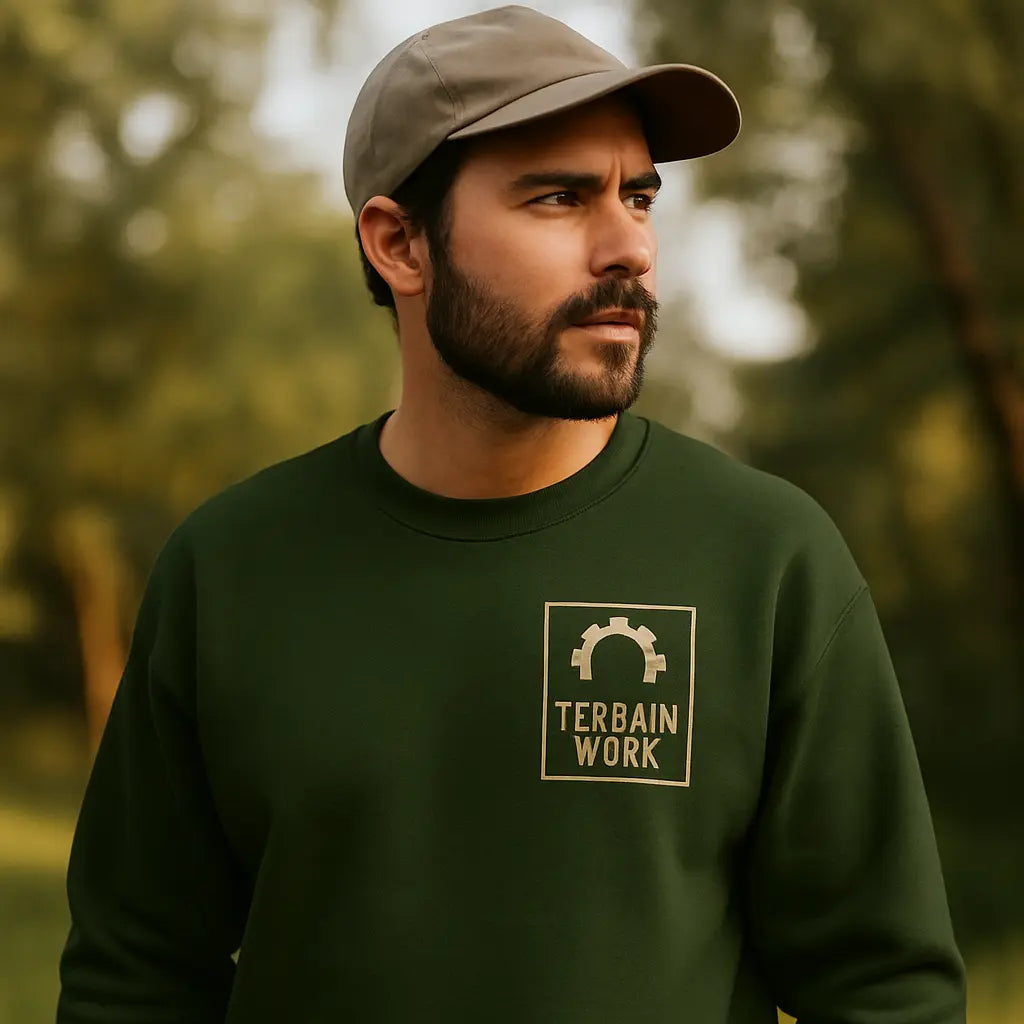 Military green sweatshirt with square TerrainWork logo on chest, workwear apparel