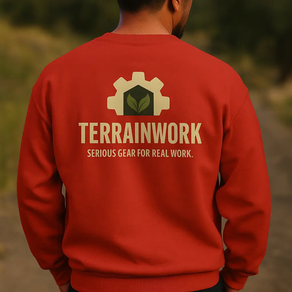 Back view of red crewneck sweatshirt with large centered TerrainWork logo in beige