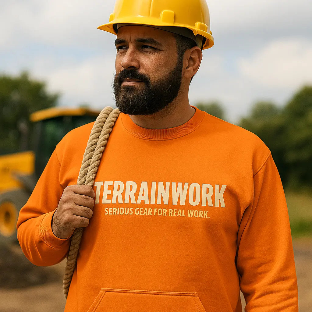 Safety orange sweatshirt with TerrainWork logo, modeled by construction worker