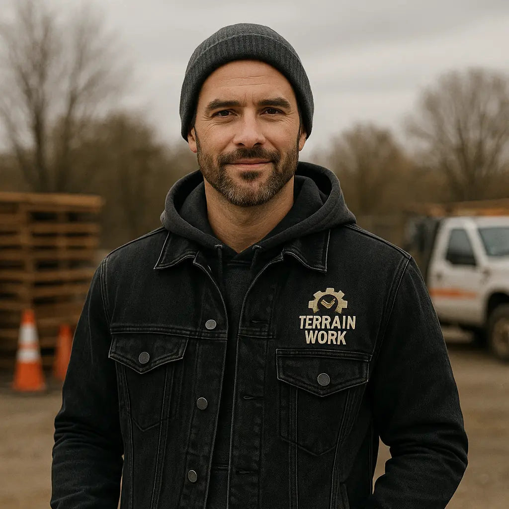 TERRAINWORK Denim Jacket in black, front view with embroidered chest logo