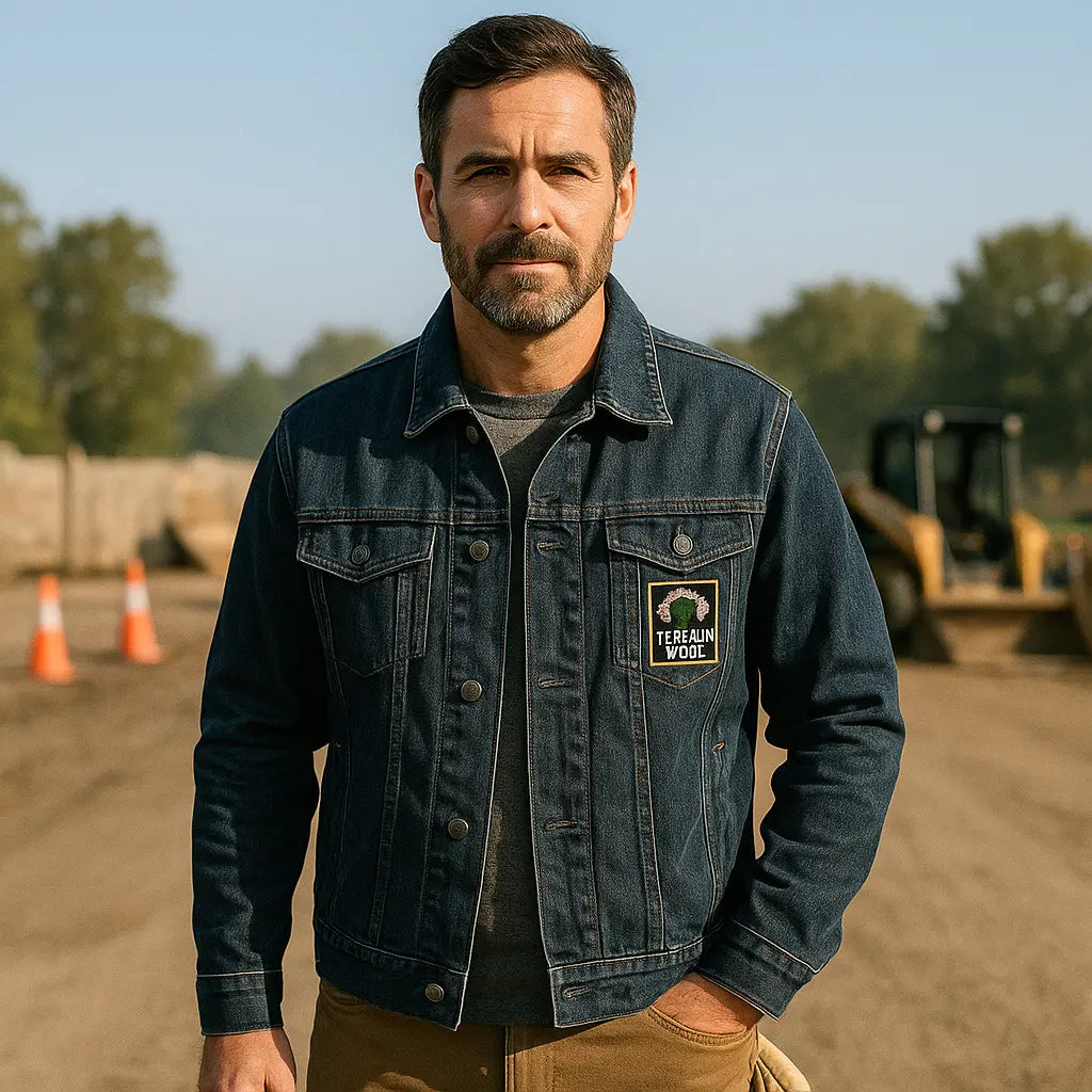 Professional denim work jacket shown with landscaping tools – styled for presentation