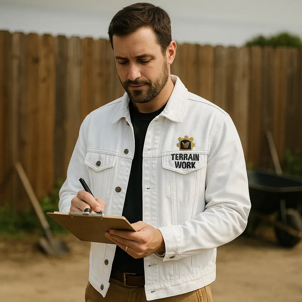 TERRAINWORK Denim Jacket in White, front view with embroidered chest logo