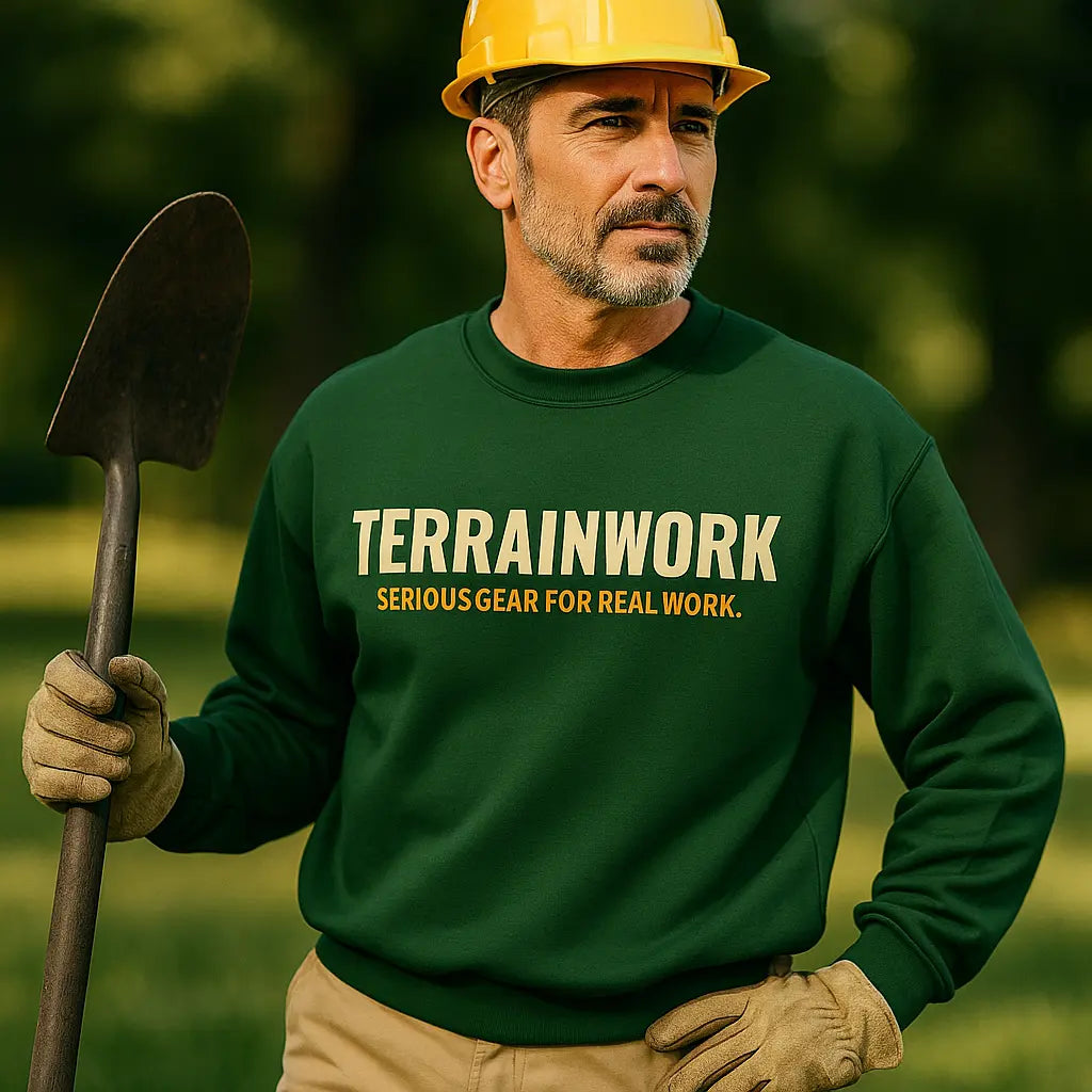 Beige TerrainWork crewneck sweatshirt for landscaping crews, cinematic look