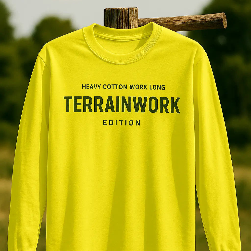 TERRAINWORK long sleeve tee displayed on natural wood post, designed for durability
