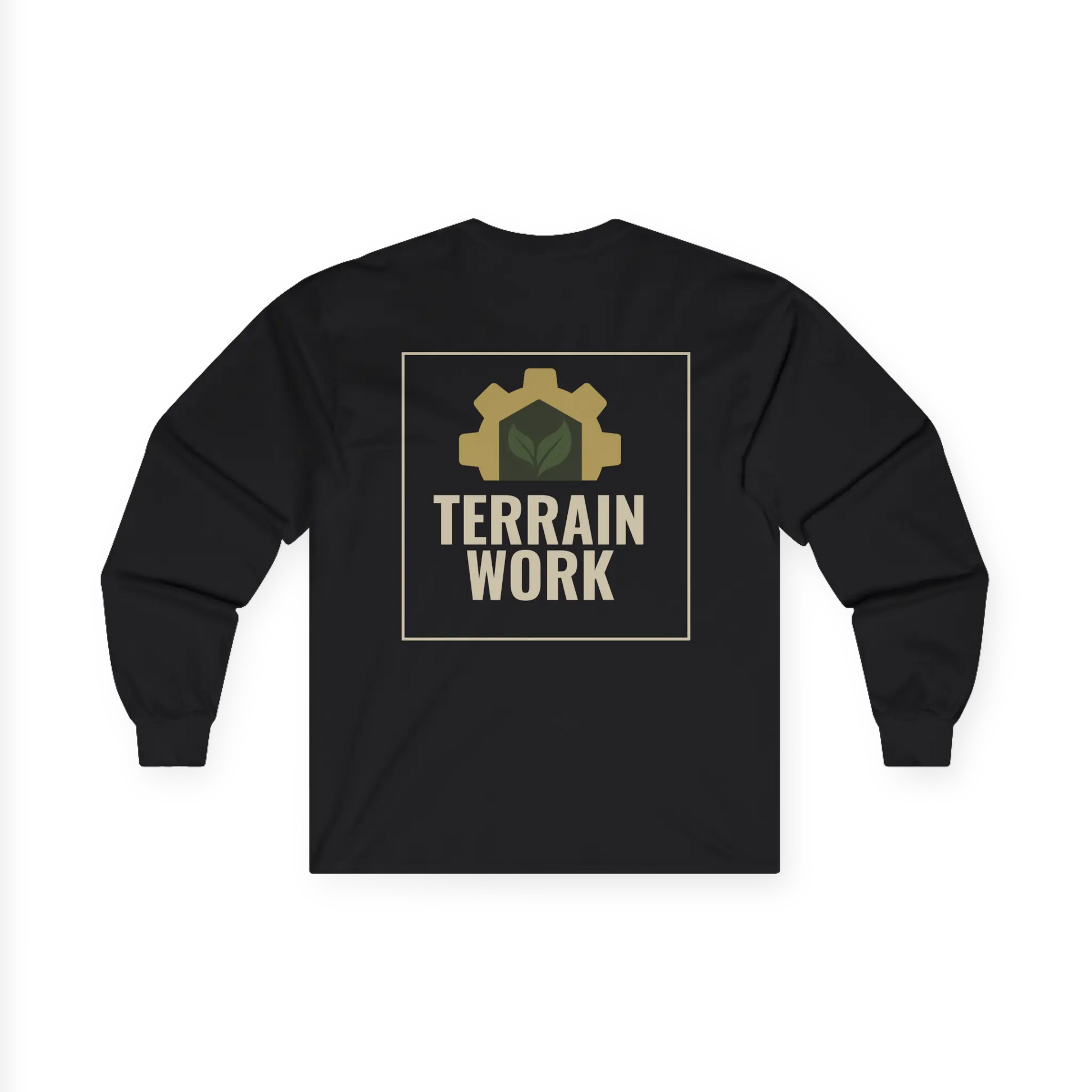 TERRAINWORK long sleeve work shirt in black, back view – bold logo placement for team visibility