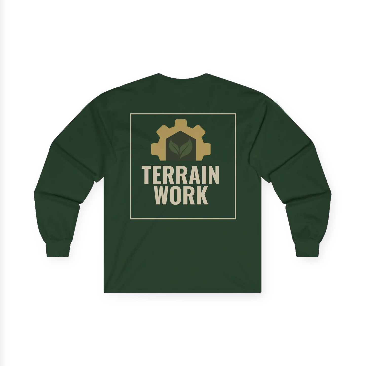 TERRAINWORK long sleeve work shirt in forest green, back view – rugged uniform shirt for landscapers