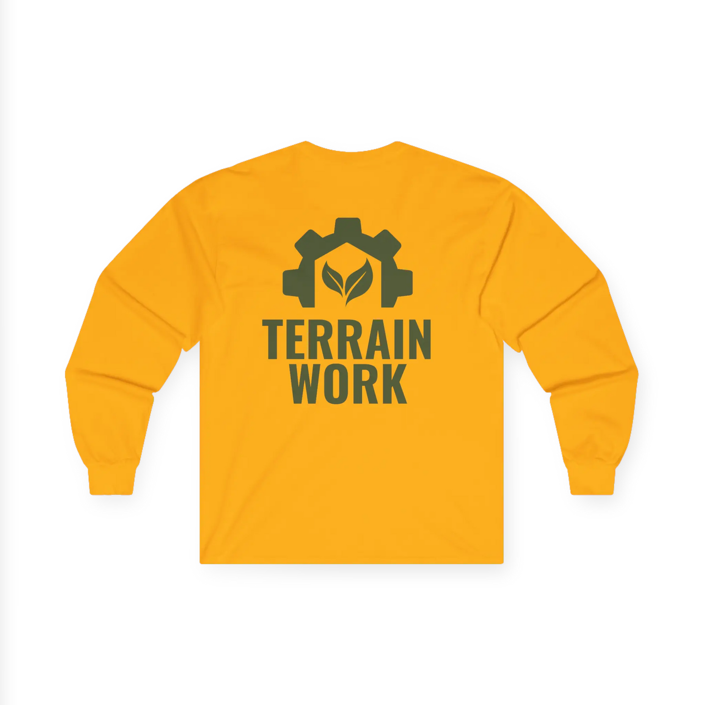 TERRAINWORK long sleeve work shirt in gold, back view – high-contrast branding for field crews