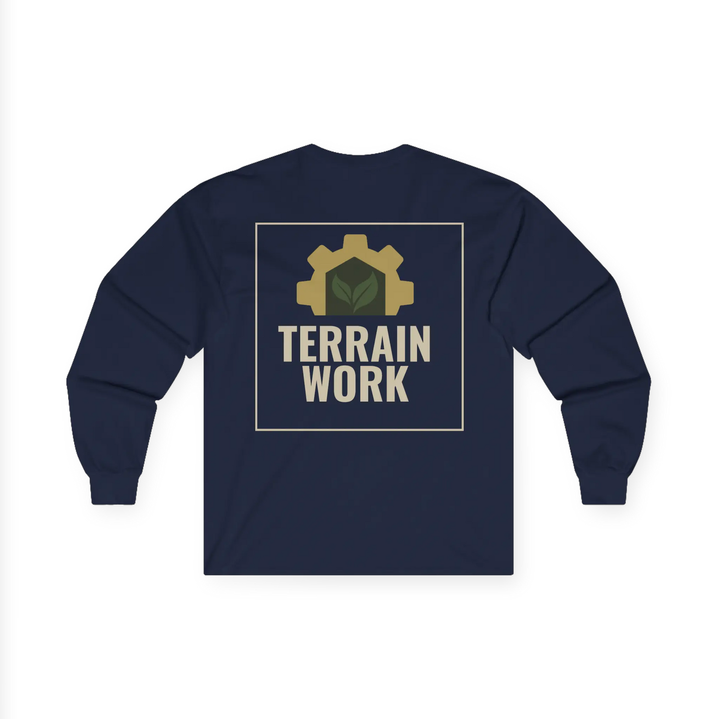 TERRAINWORK long sleeve work shirt in navy blue, back view – professional branding for your crew