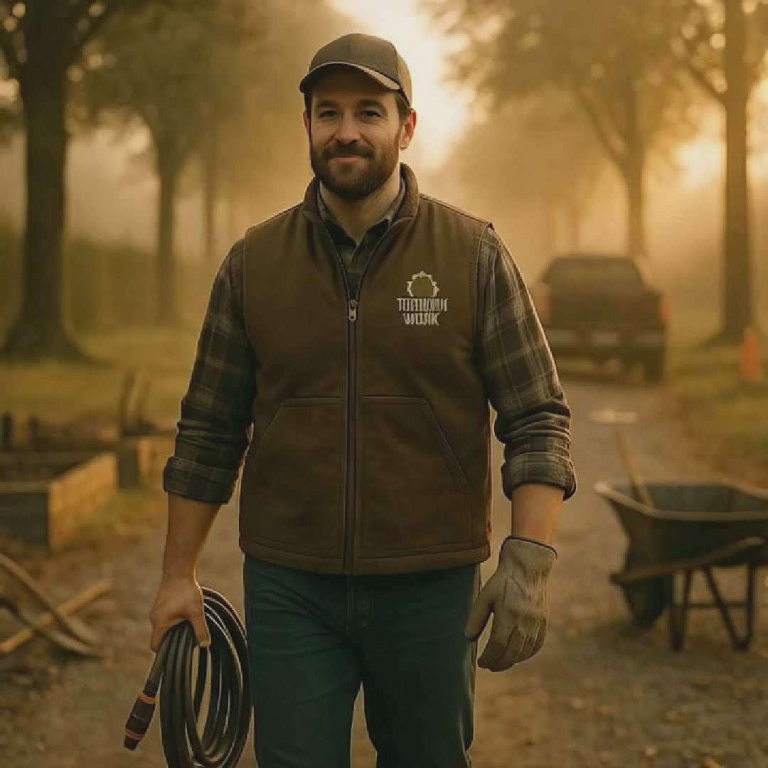 Video featuring the TERRAINWORK Duck Cloth Work Vest in Duck Brown. Includes movement shots, embroidered logo close-ups, and workers layering it on real jobsites.