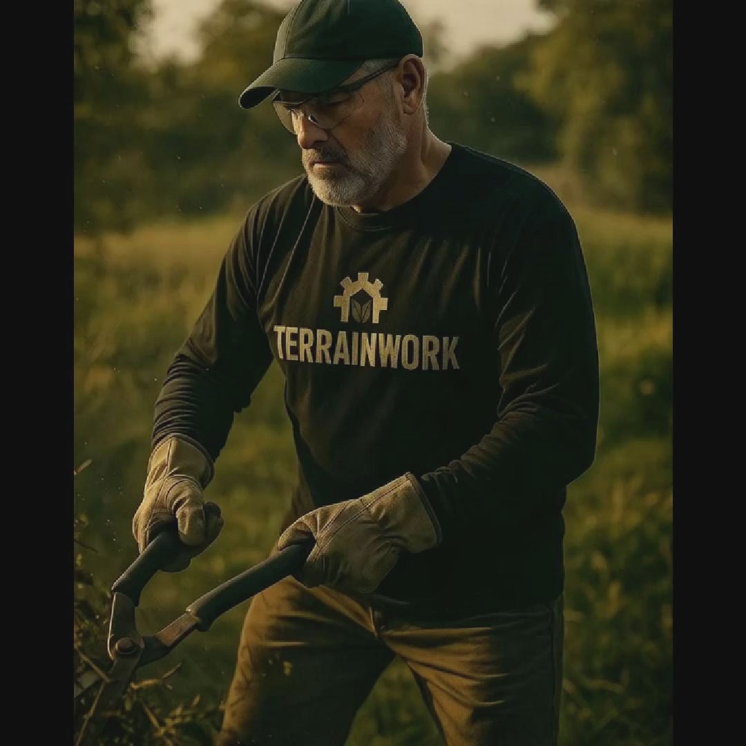 Dynamic field-ready shot of TERRAINWORK gear for video marketing or reels