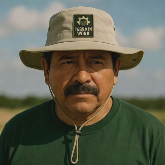 columbia booney hat embroidered for landscaping teams, terrainwork logo gear, durable sun protection hat for outdoor workers, wide-brim work hat, personalized field apparel, gear for crews, shop durable custom hats for yard work, crew uniforms for landscaping and lawn care.