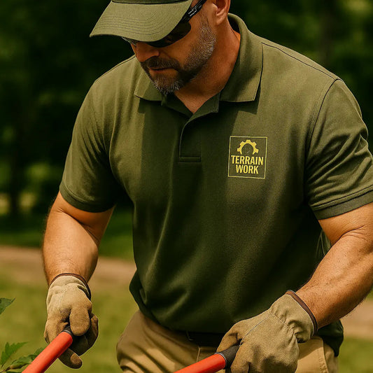 Landscaper wearing TERRAINWORK embroidered cap in outdoor work environment, holding trowel and gloves
