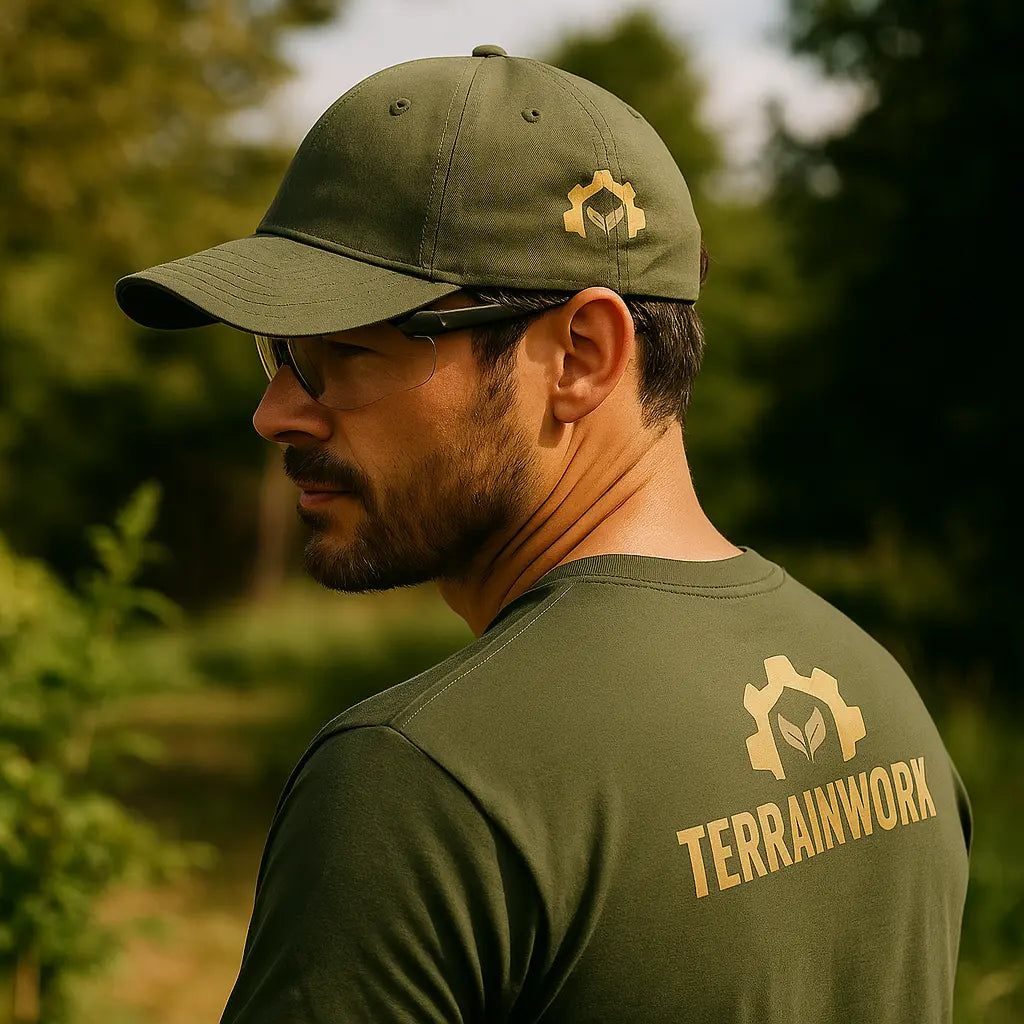 Side view of TERRAINWORK branded dad hat worn by landscaper, highlighting curved brim and embroidered details