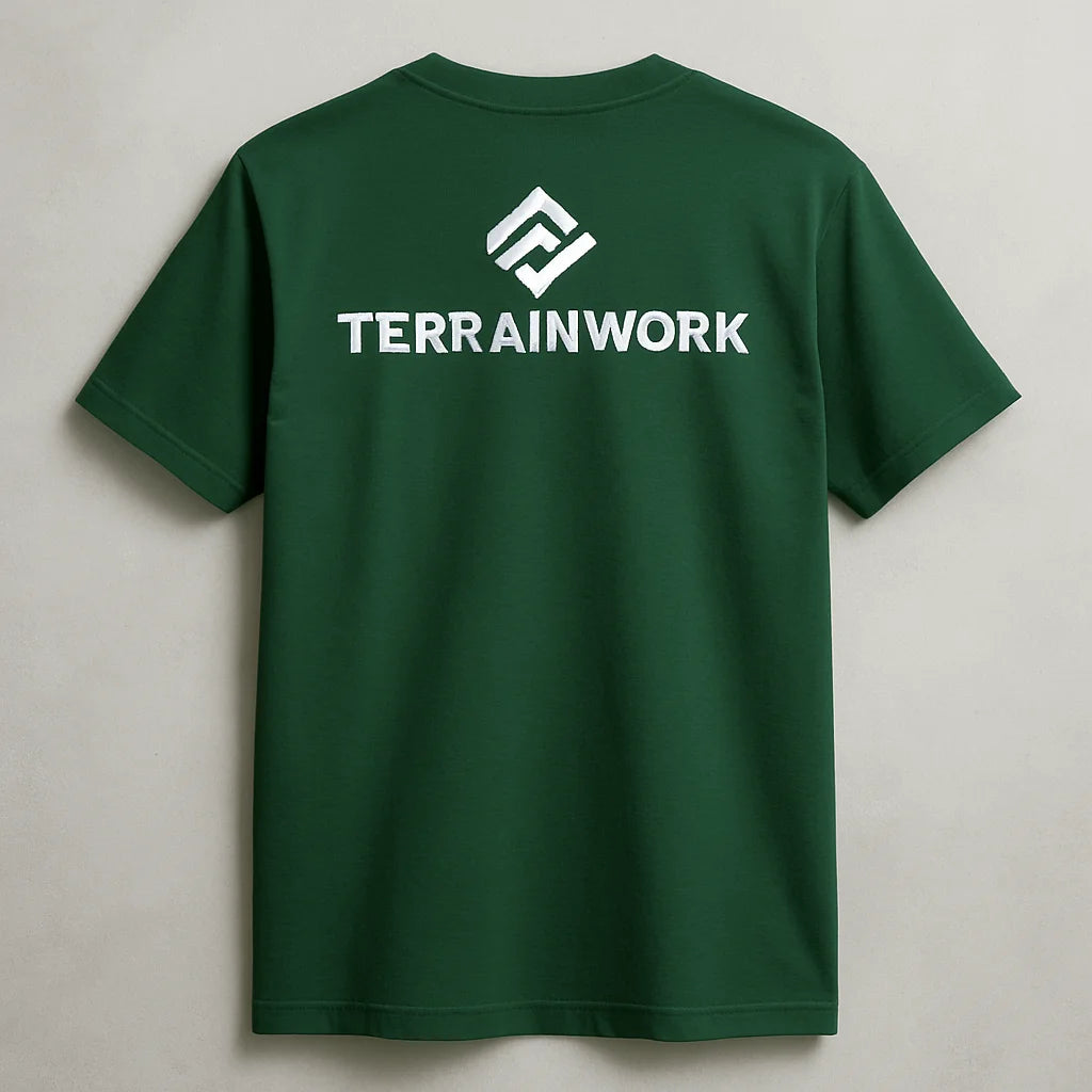 Back view of TERRAINWORK black cotton tee showing fit and fabric texture for landscaping workwear use