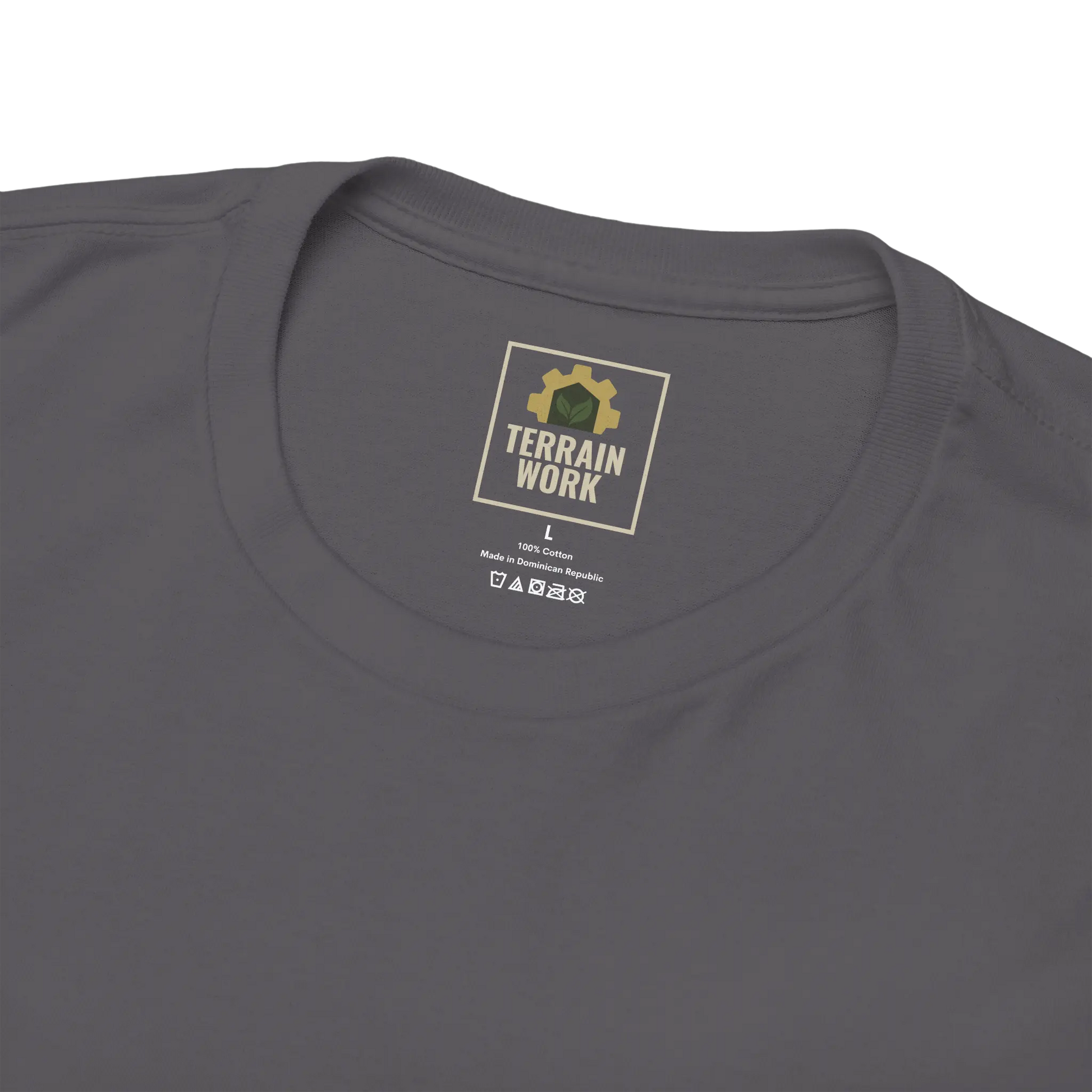 Inner neck detail of charcoal gray Gildan 5000 tee, showing TERRAINWORK tag and care symbols for size L shirt