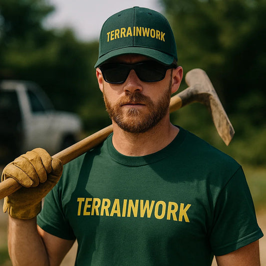 Landscaper in outdoor work environment wearing black TERRAINWORK tee, gloves and safety glasses, holding hand cultivator