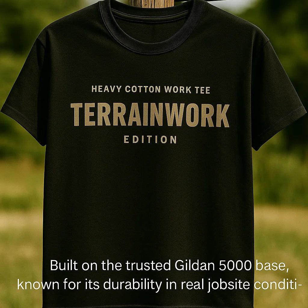 Heavy cotton black TERRAINWORK t-shirt displayed on mannequin under soft lighting, showcasing logo for main product image