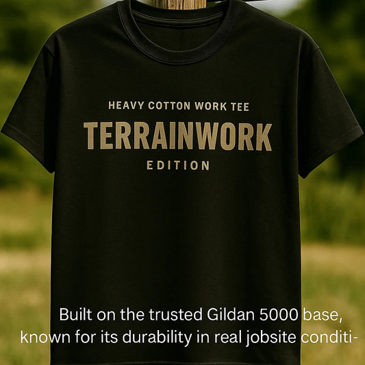 Heavy cotton black TERRAINWORK t-shirt displayed on mannequin under soft lighting, showcasing logo for main product image