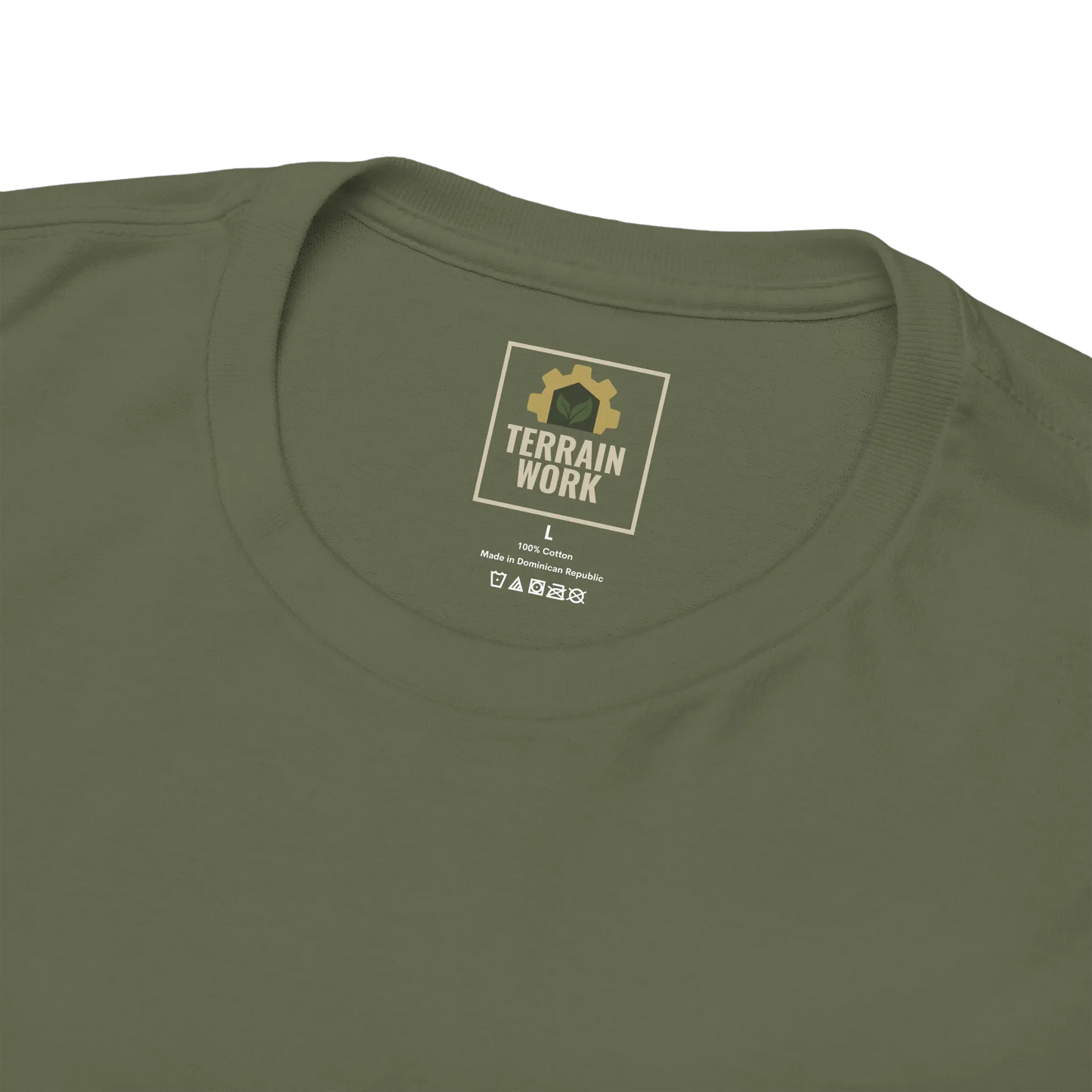 Inside collar of military green TERRAINWORK workwear tee, with printed label and logo tag for brand identity
