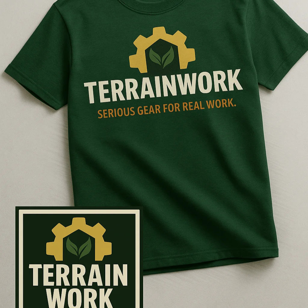 TERRAINWORK tee displayed against neutral background with shadows and cinematic light, suitable for marketing visuals