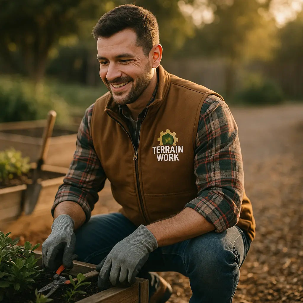 Unisex duck cloth work vest in field – landscaping worker wearing TERRAINWORK gear in cold weather