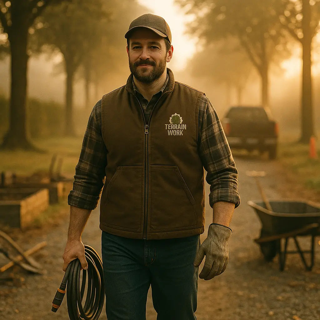 Duck Brown embroidered vest next to pruning shears and rake – utility gear for jobsite performance