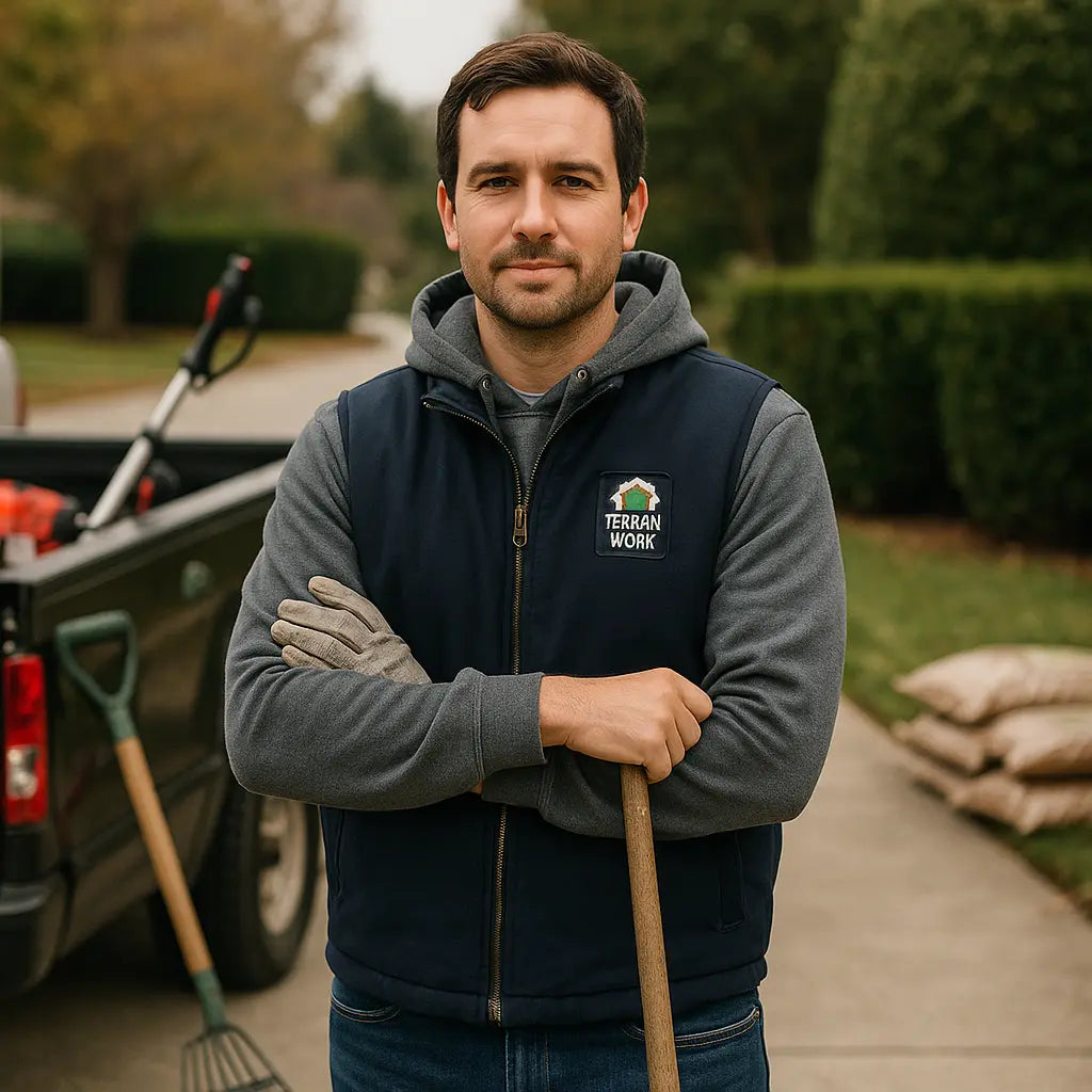 TERRAINWORK duck cloth work vest in Navy, front view with embroidered logo and rugged construction