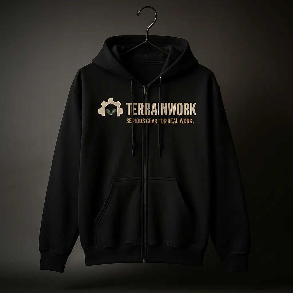 Black zip-up hoodie with TERRAINWORK logo on chest, ideal for outdoor work.