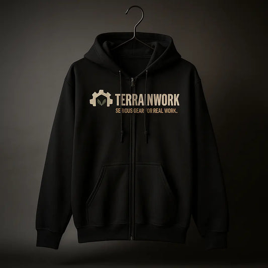 Black zip-up hoodie with TERRAINWORK logo on chest, ideal for outdoor work.