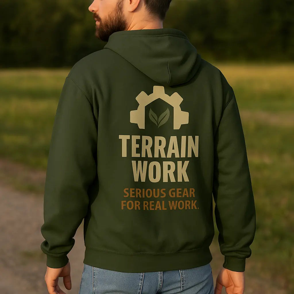 Outdoor worker wearing forest green zip hoodie from TERRAINWORK.