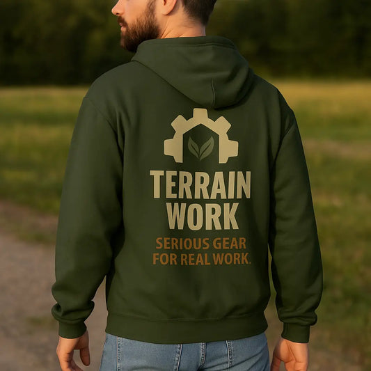 Outdoor worker wearing forest green zip hoodie from TERRAINWORK.