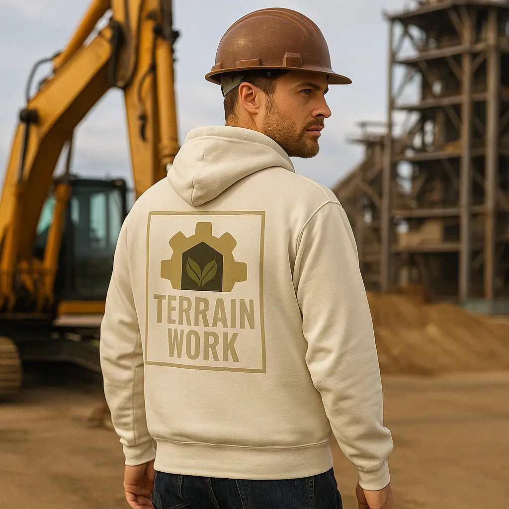 Khaki hoodie back view showing TERRAINWORK logo and subtitle.	