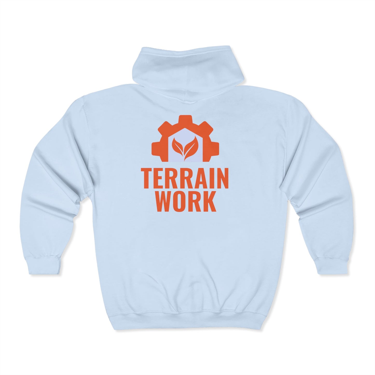 Light blue unisex zip hoodie showing large back logo of TERRAINWORK with bold gear symbol – dependable and customizable for work teams.