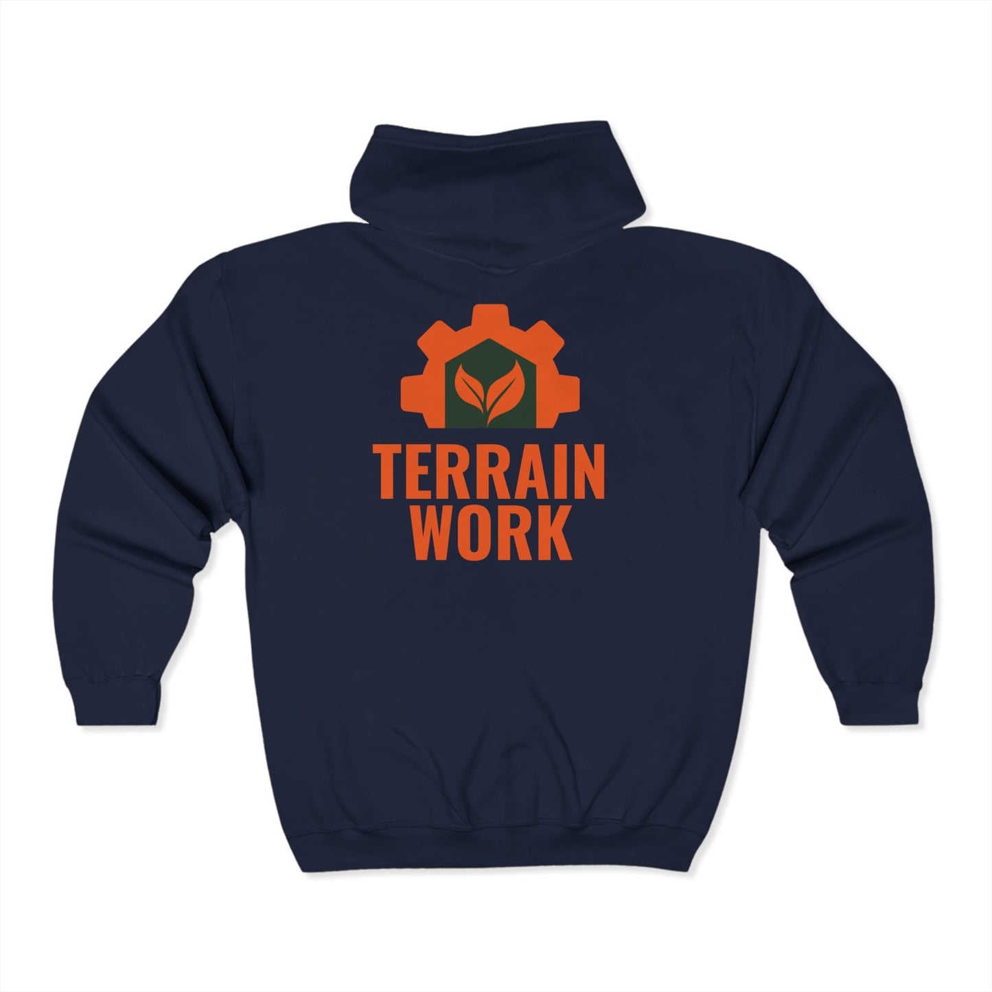 Navy unisex zip hoodie with TERRAINWORK logo on  chest and back – heavy-duty style built for field operations and service crews.