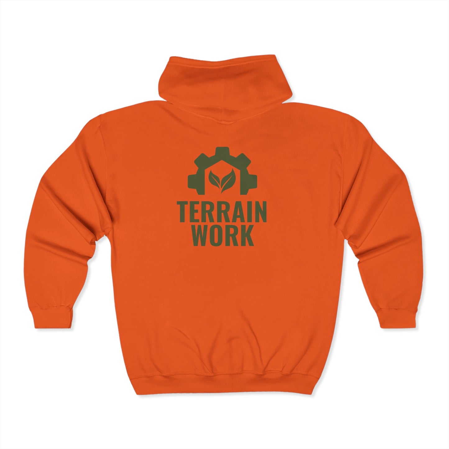 High visibility sorange hoodie with bold TERRAINWORK logo on the back – ideal for construction and landscaping crews.