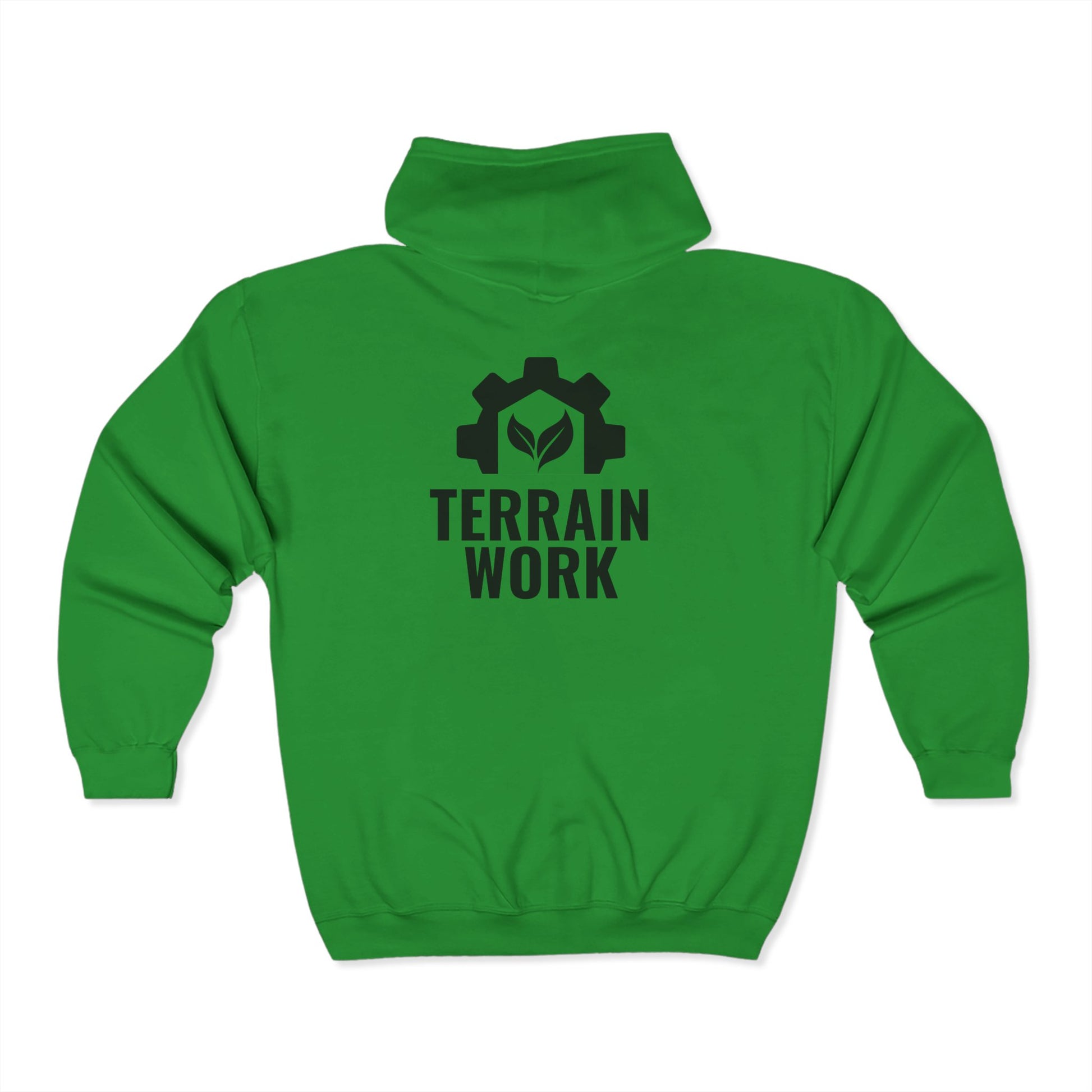 High visibility safety green hoodie with bold TERRAINWORK logo on the back and chest – ideal for construction and landscaping crews.